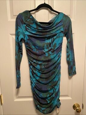 Prinbara Ruched Long Sleeve Floral Green Print Dress…size S